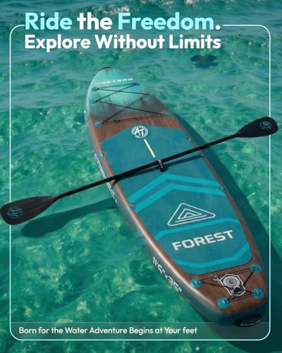 11'6"x35" Inflatable Paddle Board, 450lbs Extra Wide Stand Up Paddleboard for Adults with Premium SUP Accessories Kit & Backpack, Blow Up Kayak Non-Slip Stable Deck Boat for Yoga Fishing Surf - style: Dark Forest Wood Grain/kayak seat