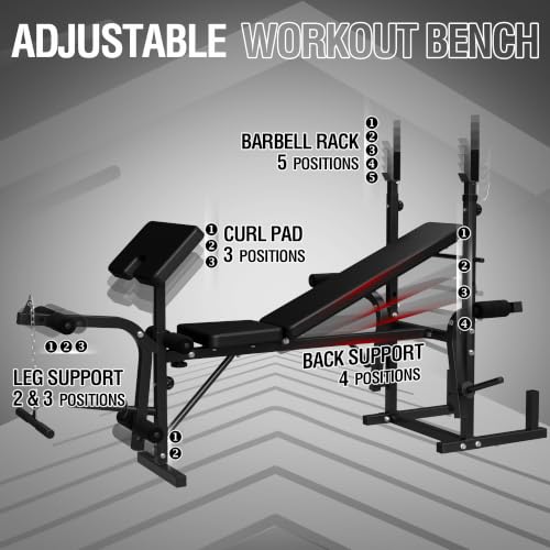 Mikolo 8 in 1 Olympic Weight Bench Set with Leg Extension and Leg Curl, Multi-Function Bench Press Set with Preacher Curl Pad and Chest Fly, Full-Body Strength Training Equipment - color: Black