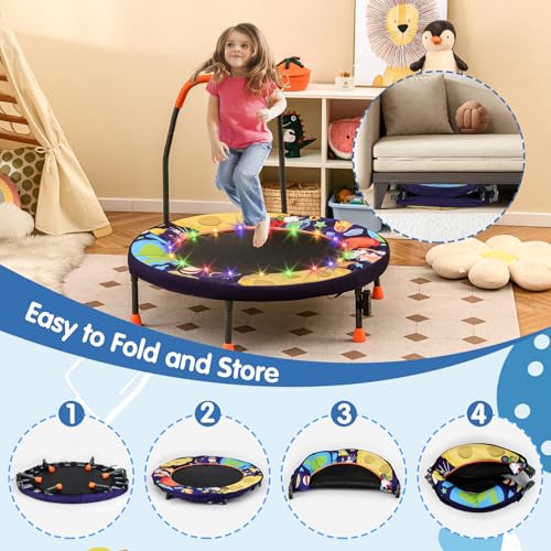 Goplus Foldable Toddler Trampoline for Kids, 36'' Recreational Mini Trampoline w/20 LED Lights, Foam Handle, Padded Safety Cover, Indoor Outdoor Exercise Rebounder for Boys Girls Aged 3-6 - style: Purple-Outer Space
