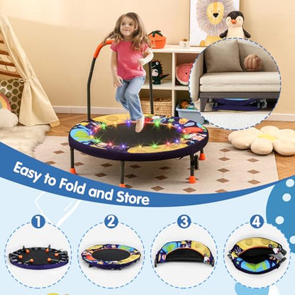 Goplus Foldable Toddler Trampoline for Kids, 36'' Recreational Mini Trampoline w/20 LED Lights, Foam Handle, Padded Safety Cover, Indoor Outdoor Exercise Rebounder for Boys Girls Aged 3-6 - style: Purple-Outer Space
