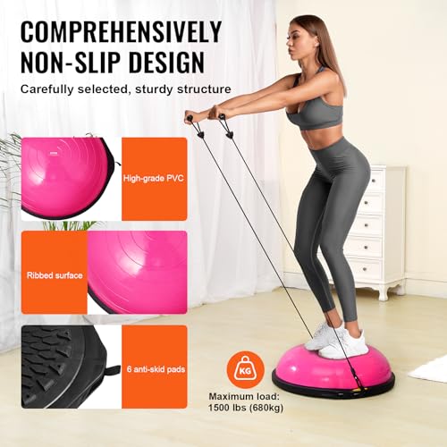 VEVOR Half Exercise Ball Trainer, 23/26 inch Balance Ball Trainer, 1500lbs Capacity Stability Ball, Yoga Ball with Resistance Bands & Foot Pump, Strength Fitness Ball for Home Gym Full Body Workout - color: 26" Ripple Pink
