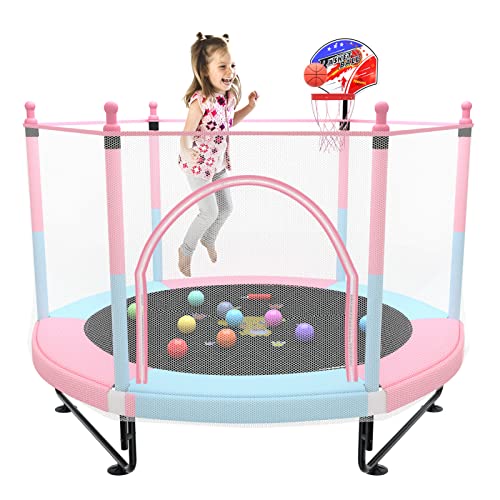 5FT Trampoline for Kids Toddler Indoor Trampoline with Safety Enclosure Net, Mini Basketball Hoop, Jumping Mat for Home Entertainment Equipment Outdoor Backyard Games - color: Blue-Pink