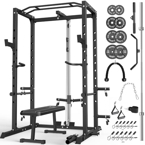 Power Cage, Multi-Functional Power Rack with J-Hooks, Dip Handles, Landmine Attachment and Optional Cable Pulley System for Home Gym - size: 150LB Weights Package black+Flat Bench