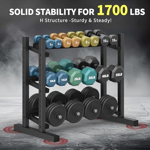 3-Tier Professional Dumbbell Rack, Commercial Grade Dumbbell Storage Rack,1300/1800LB Capacity with Barbell Holder, Adjustable Heavy-Duty Weight Rack for Home Gym, Weight Stand for Dumbbells, Kettlebells & Weight Plates (Rack Only)
