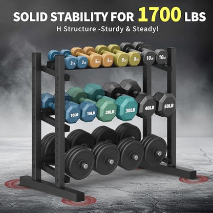 3-Tier Professional Dumbbell Rack, Commercial Grade Dumbbell Storage Rack,1300/1800LB Capacity with Barbell Holder, Adjustable Heavy-Duty Weight Rack for Home Gym, Weight Stand for Dumbbells, Kettlebells & Weight Plates (Rack Only)