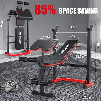 OPPSDECOR Foldable Weight Bench Set with Squat Rack and Preacher Curl Pad - color: Scarlet