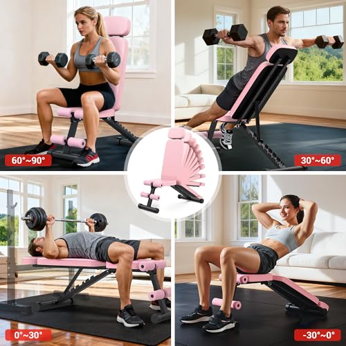 XDDIAS Workout Bench, 10 Backrests Adjustable Weight Bench with Extended Headrest, 800LBS Foldable Weight Bench for Home Gym, Incline Decline Flat Bench Compact for Small Space Training - color: Pink