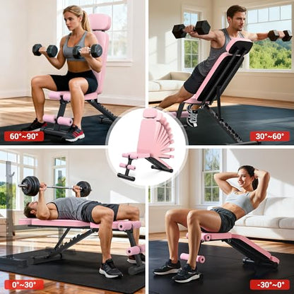 XDDIAS Workout Bench, 10 Backrests Adjustable Weight Bench with Extended Headrest, 800LBS Foldable Weight Bench for Home Gym, Incline Decline Flat Bench Compact for Small Space Training - color: Pink