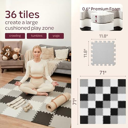 Foam Play Mat for Floor - 36 Interlocking Tiles 71x71 in, 0.6" Thick Puzzle Mat for Baby, Toddler & Home Gym, Cross-Texture EVA Foam, Edge Borders Included, Black White Gray