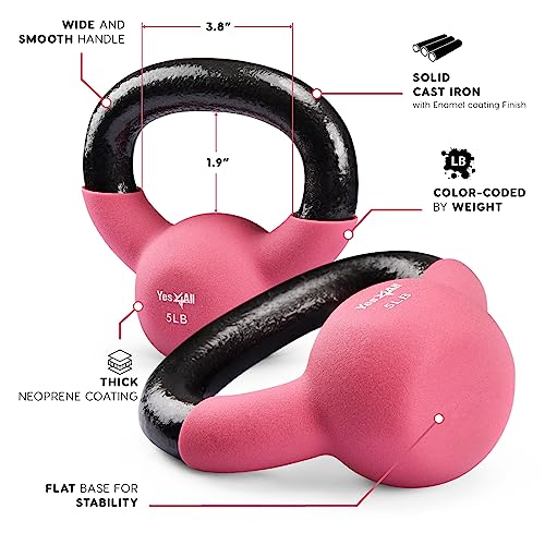 Yes4All Kettlebell, 5-65 LB Neoprene Coated Cast Iron Kettlebells, Wide Grip Handle & Flat Bottom for Swings, Squats, Deadlifts, Push Ups & Full Body Training at Home Gym - Single & Set - color: A1. 5LB - Fruit Dove, style: A. Single