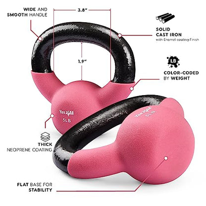 Yes4All Kettlebell, 5-65 LB Neoprene Coated Cast Iron Kettlebells, Wide Grip Handle & Flat Bottom for Swings, Squats, Deadlifts, Push Ups & Full Body Training at Home Gym - Single & Set - color: A1. 5LB - Fruit Dove, style: A. Single