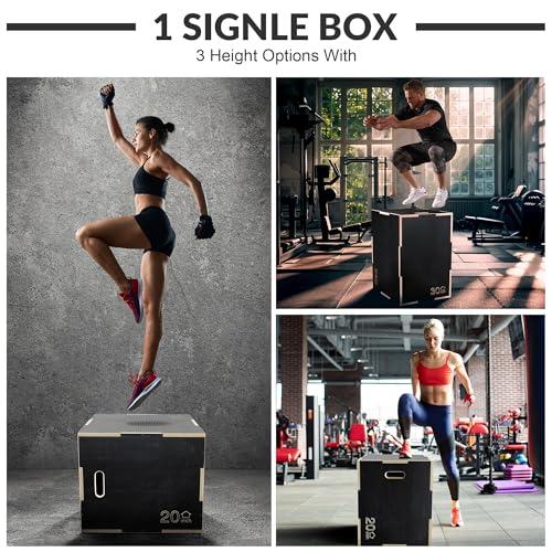 Fitvids 3 in 1 Non-Slip Wooden Plyo Box Jump Exercise Platform, Plyometric Workout Equipment for Home Gym, Training Step Box, Black, Multiple Sizes