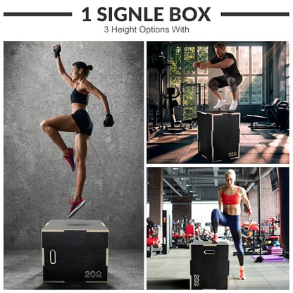 Fitvids 3 in 1 Non-Slip Wooden Plyo Box Jump Exercise Platform, Plyometric Workout Equipment for Home Gym, Training Step Box, Black, Multiple Sizes