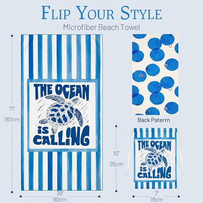 Microfiber Beach Towel Oversized w/Travel Bag, 71 * 36'' Double Print 2-in-1 Quick Dry XL Beach Towels for Cruise Pool Yoga Gym Vacation Gift, Lightweight Absorbent Sandproof Large Bath Towel