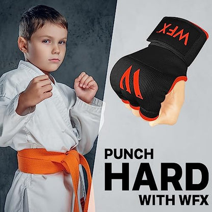 WFX Kids Junior Boxing Hand Wraps Inner Gloves Gel Padded Elasticated Padded Fist Under Gloves Pair Combat Sports for Young Fighters Gel Boxing Hand Wraps - color: Black