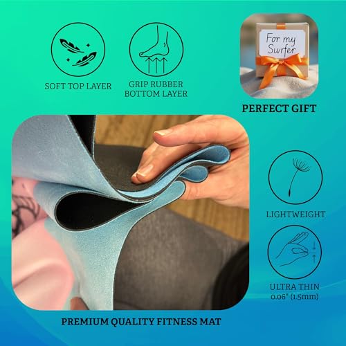 Surf Pop Up Fitness Mat, Ultra lightweight Travel Mat with Surfboard Design, Training tool for Surfers, Hand and Foot Positioning Guides to improve stance, QR code video link with Pop Up tips included on packaging - color: Blue And White