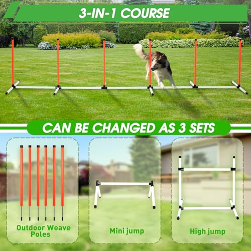 Dog Agility Course Backyard Set, Dog Agility Equipment, Pet obstacle Course Backyard with 6 Dual Mode Weave Poles, 2 Adjustable Hurdle, Jump Ring, Tunnel, Pause Box, Toy Balls and 2 Carrying Bags - size: 15 PCS SET