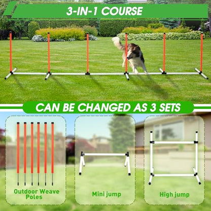 Dog Agility Course Backyard Set, Dog Agility Equipment, Pet obstacle Course Backyard with 6 Dual Mode Weave Poles, 2 Adjustable Hurdle, Jump Ring, Tunnel, Pause Box, Toy Balls and 2 Carrying Bags - size: 15 PCS SET