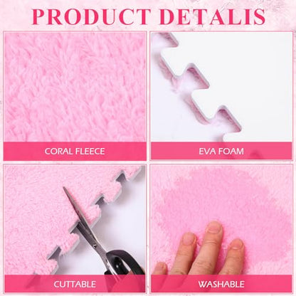 60 Pieces Plush Puzzle Foam Floor Mat Square Interlocking Carpet Tiles with Fluffy Play Mat Floor Tiles Soft Climbing Area Rugs for Living Room Floor Gym Area(Pink, Rose Red)