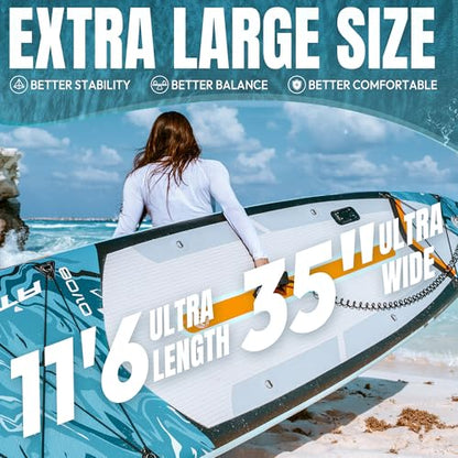 11'6"x35" Inflatable Paddle Board, 450lbs Extra Wide Stand Up Paddleboard for Adults with Premium SUP Accessories Kit & Backpack, Blow Up Kayak Non-Slip Stable Deck Boat for Yoga Fishing Surf - style: blue/ kayak seat