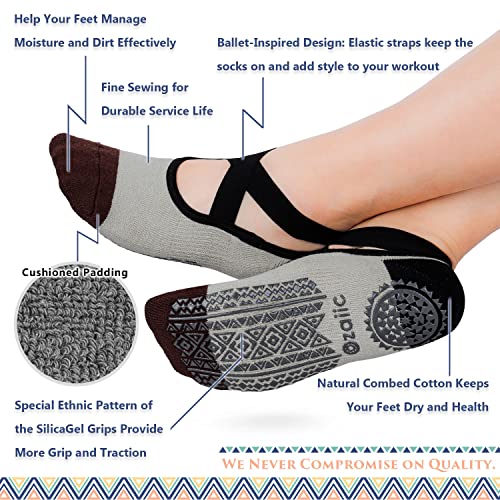 Ozaiic Pilates Socks for Women Non Slip Grip Yoga Barefoot Indoor Workout - color: 4 Pairs -Green/Brown/Beige/Gray
