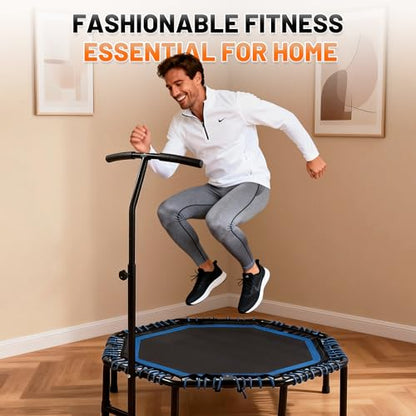 48" Mini Trampoline for Adults, Rebounder with Adjustable Handle Bar, Bungee Ropes, Indoor Outdoor,Fitness Trampoline for Home and Gym, Cardio & Strength Training