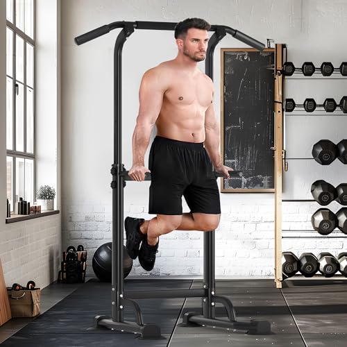 SogesHome Power Tower Pull Up Bar and Dip Station, Height Adjustable Dip Stand Exercise Machine for Home Gym, Multi-Functional Free Standing Strength Training Fitness Workout Station - color: Black
