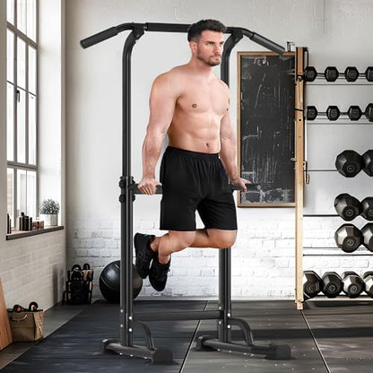 SogesHome Power Tower Pull Up Bar and Dip Station, Height Adjustable Dip Stand Exercise Machine for Home Gym, Multi-Functional Free Standing Strength Training Fitness Workout Station - color: Black