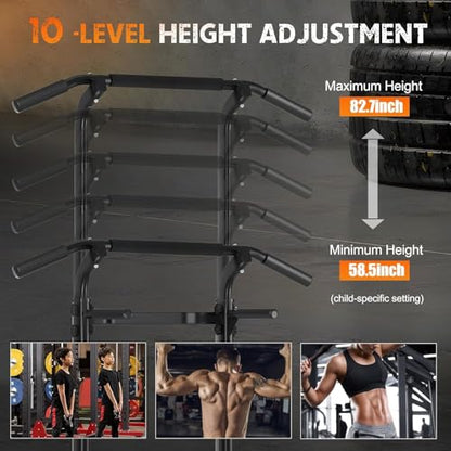 Adjustable Power Tower Pull Up Bar Dip Station, Free Standing Pull Up Rack Dip Station for Home Gym, 400LBS Capacity Height Heavy Duty Multi-Function Home Strength Training Fitness Workout Equipment
