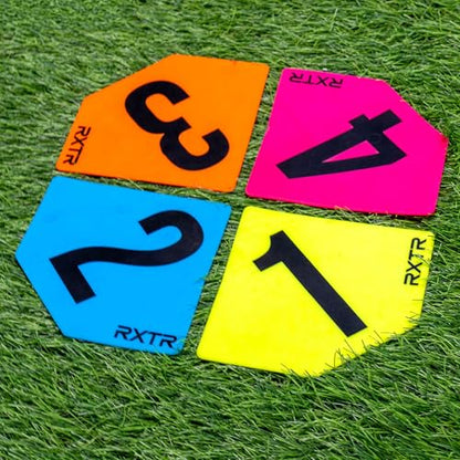 QUICKPLAY RXTR Cognitive Markers Set of 4 - High Visibility Agility Training for Reaction Drills, Durable Flat Field Markers for Soccer & Baseball Training Equipment & Sports Practice
