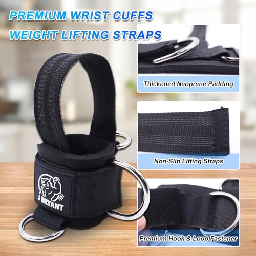 J Bryant Adjustable Wrist Cuffs with Multiple D-Rings, Weight Lifting Straps for Cable Machines, Strength Training, Fitness & Bodybuilding