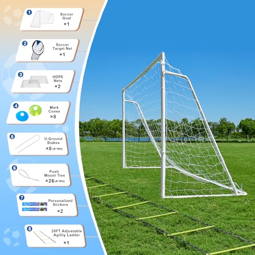 Soccer Goals for Backyard Soccer Goal 12x6 Big 10x6.5 8x6 6x4FT Soccer Goals for Youth Adults and Kids Large Metal 2" Goal Post with Agility Ladder and Target Net Soccer Cones Practice Equipment
