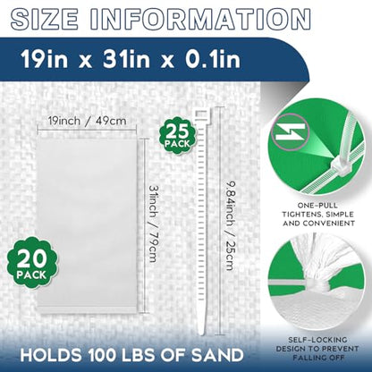 20PCS Sand Bags for Flooding, Flood Prevention Sandbags, White Sand Bags, 19"x 31"Heavy Duty Woven Sand Bag Sacks 100 lb, 25PCS Cable zip Ties for Flood Protection, Erosion Control, Hurricane Barriers