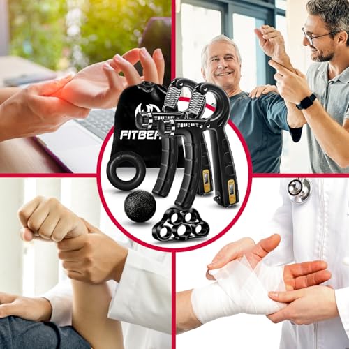 FitBeast Hand Grip Strengthener Workout Kit (5 Pack), 2 Forearm Grip Adjustable Resistance Hand Gripper, Finger Stretcher, Grip Ring & Stress Relief Grip Ball for Athletes - color: Black