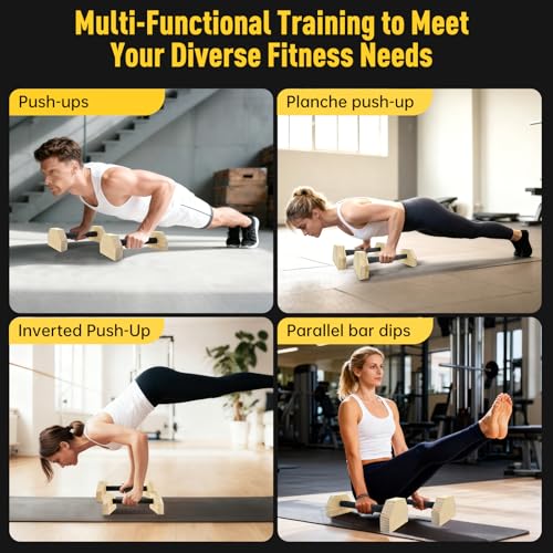 Push-up Stand, Wooden Parallettes Bars for Handstand Training, Solid Push Up Bars & Calisthenics Bar, with Non-Slip strap, Exercise Home Workout Equipment for Men Strength Training