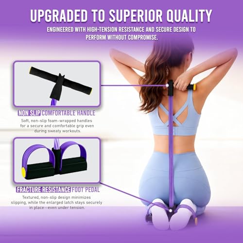 Pedal Resistance Band for Sit-Up & Stretching 4-Tube Foot Pedal Pull Rope for Abs, Waist and Arm Workout Purple Elastic Yoga Fitness Equipment for Home Gym Full Body Toning