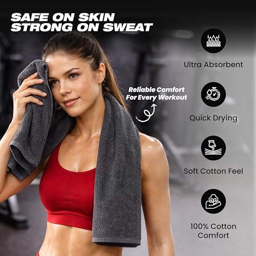 Sports Towel - Double Pack (2 Pieces), 12"x51", Dark Gray, 100% Cotton - Oeko-Tex Certified, Very Absorbent and Quick-Drying, for Fitness, Gym and Yoga - color: Dark Grey