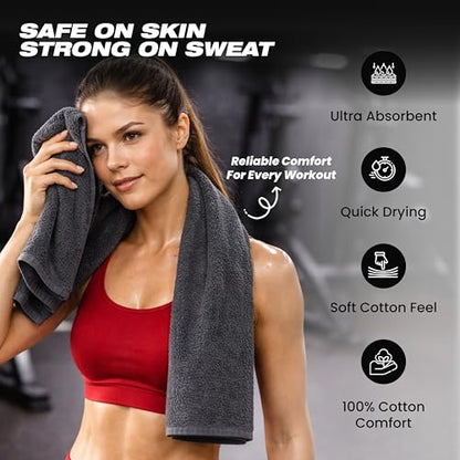 Sports Towel - Double Pack (2 Pieces), 12"x51", Dark Gray, 100% Cotton - Oeko-Tex Certified, Very Absorbent and Quick-Drying, for Fitness, Gym and Yoga - color: Dark Grey