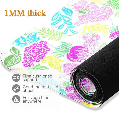 Pastel Floral Leaves Thin Yoga Mat for Women Men, Non-Slip Rubber Base Sweat Absorbent Exercise Mat for Indoor/Outdoor, Portable Foldable with Storage Bag, 71"x26"