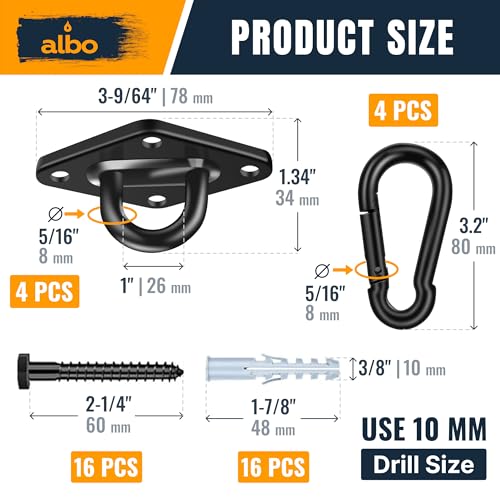 Albo Diamond Plate 2650lbs Swing Hangers 4 PCS - Heavy Duty Ceiling Mount Hooks with Snap Carabiners, 304 Stainless Steel for Wood & Concrete & Metal, Indoor Outdoor Anchor for Hammock, Yoga, TRX - size: Diamond 4pcs Black