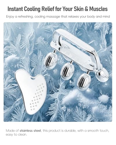 Yeamon Stainless Steel Handheld Muscle Roller, Deep Tissue Body Massager with 3 V-Shaped Roller Sets, Ergonomic Grip Manual Massage Tool for Arms, Legs & Back Relief, Post Workout Recovery