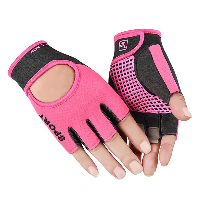 Men Women Workout Gloves Fingerless Weightlifting Anti-Slip Breathable Gym Exercise Gloves for Training Cycling Sports - color: Pink