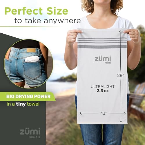 Zumi MINI 100% Cotton Camping Travel Towel - Small, Ultralight, Fast Drying, Highly Absorbent, Soft and Gentle on The Skin, Safe for The Planet (28" x 13" White) - color: White Mini