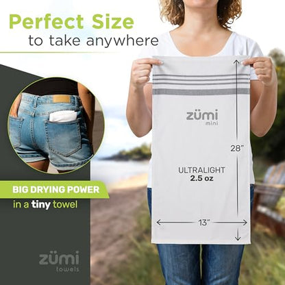 Zumi MINI 100% Cotton Camping Travel Towel - Small, Ultralight, Fast Drying, Highly Absorbent, Soft and Gentle on The Skin, Safe for The Planet (28" x 13" White) - color: White Mini