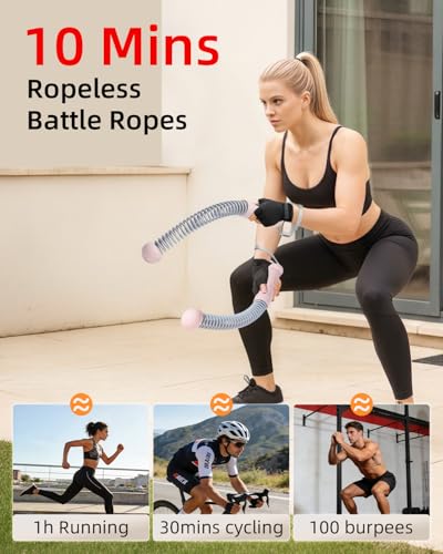 Abahub Weighted Ropeless Battle Rope, Portable Silent Home Workout Equipment, Space Saving Home Gym with Workout Gloves, HIIT and Low-Impact Aerobic Training for Men & Women, 2PCS Pink