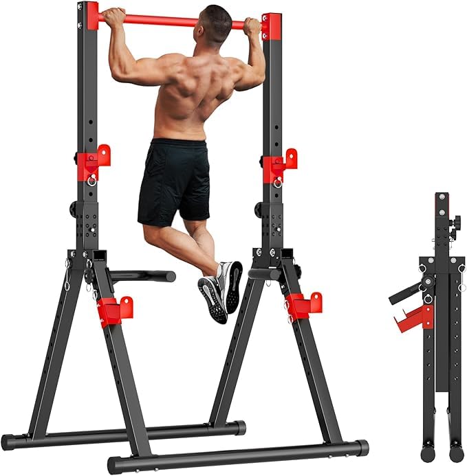 SogesHome Foldable Power Tower Dip Stand Pull Up Bar for Home Gym Exercise - color: Black Red
