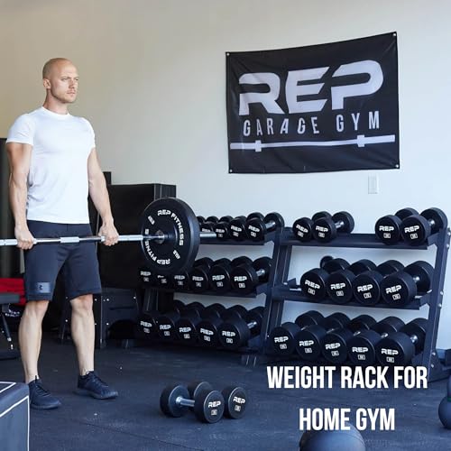 Rep Fitness Dumbbell Rack | 3-Tier Compact Holder | Fits Sets 5-50 lb | Weight Storage Stand | Rubber Hex Organizer | Free Weights Shelf | Heavy Duty Steel Frame | Gym Equipment for Home - color: black