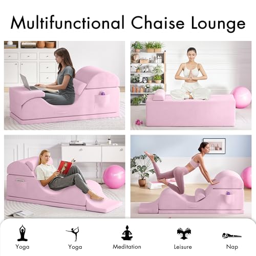 Convertible Yoga Chair for Adults, Ergonomic Foam Lounge with Lumbar Pillow, Washable Cover, Side Pocket, No Assembly Needed – Great for Exercise, Stretching & Relaxation (Light Pink, 21-inch) - color: Light Pink