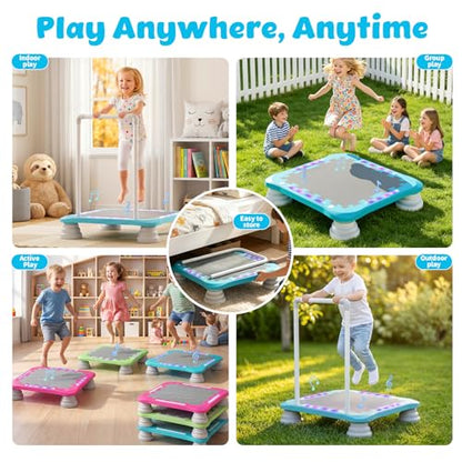 3-in-1 Mini Trampoline for Kids with Music & Lights, Indoor Outdoor Bounce Board, Removable Safety Handle, Sensory Balance Trainer, Non-Slip Base, Ages 3-12, Max 220 lbs