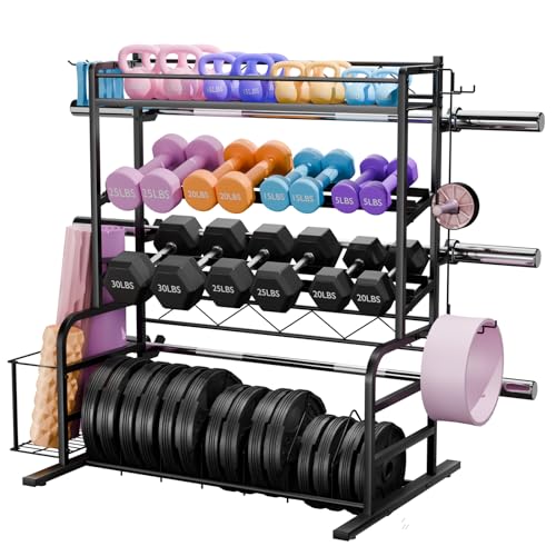 XL Adjustable Weight Rack for Dumbbells - Barbell Holder Bumper Plate Storage Rack with 3 Olympic Bar Racks, Dumbbell Rack Weight Stand,Home Gym Storage Rack for kettlebells,Yoga Mat